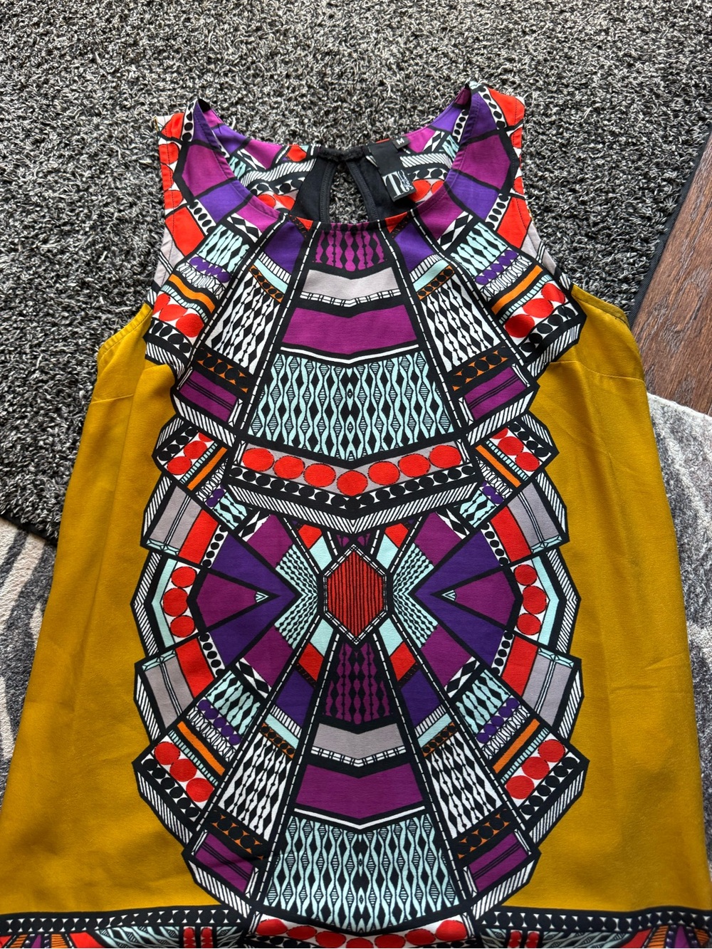 Milly Mustard Dress with Vibrant Geo-Print Panel